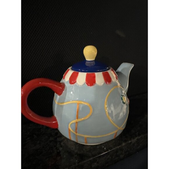 Vintage Carnival-Themed Ceramic Teapot Red Handle & Matching Cup Hand-Painted - Picture 2 of 10
